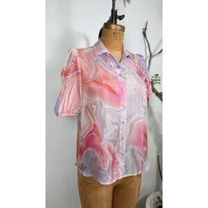 Johnny Was Watercolor Marble Print Blouse | Sheer Puff Sleeve Button Up |Size XS